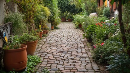 Vintage cobblestone walkway with a rustic and charming design , pavers, brick road, courtyard, paver patio, driveway. 