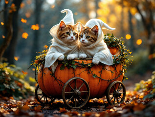 Two ginger kittens dressed as little ghosts ride in a pumpkin carriage.