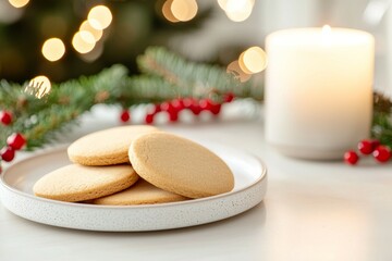 A plate of cookies sits on a table next to a candle