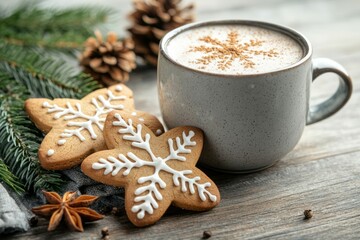 A mug of hot chocolate sits on a wooden table with a plate of cookies