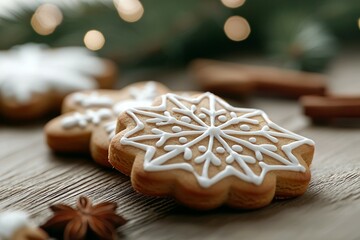 A snowflake cookie sits on a wooden table next to cinnamon sticks