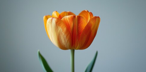 Solitary orange tulip gracefully arching against a clean white backdrop, capturing the flower's simplicity and elegance in a broad frame. Floral elegance concept