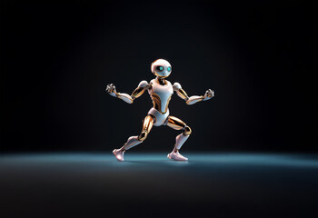 Obraz premium A white and gold robot stands in a fighting pose on a blue lit stage in a dark room.