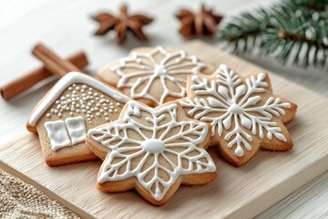 Four white cookies with snowflakes on them are sitting on a wooden table