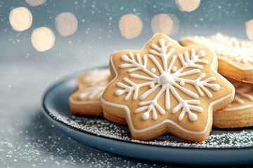 A plate of cookies with snowflake designs on them