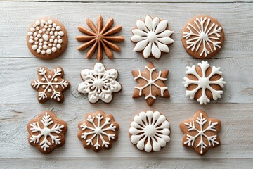 Fototapeta premium A row of gingerbread snowflakes with white icing