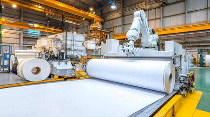 Innovative paper production line featuring robotic arm handling large rolls of paper. advanced machinery showcases efficiency and modern technology in manufacturing