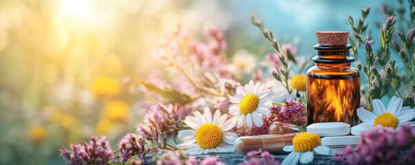 A bottle of essential oil is surrounded by flowers and pills. The bottle is brown and the flowers are yellow and pink. Concept of relaxation and wellness