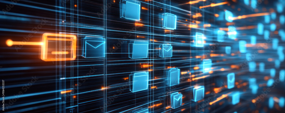 Poster a computer screen with many blue and orange boxes that are labeled with the word 