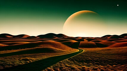 Sci-fi landscape with a road winding through rolling dunes under a large moon and starry sky.