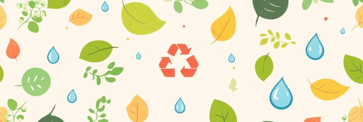 Seamless pattern of eco-friendly icons like leaves, recycling symbols, and water droplets