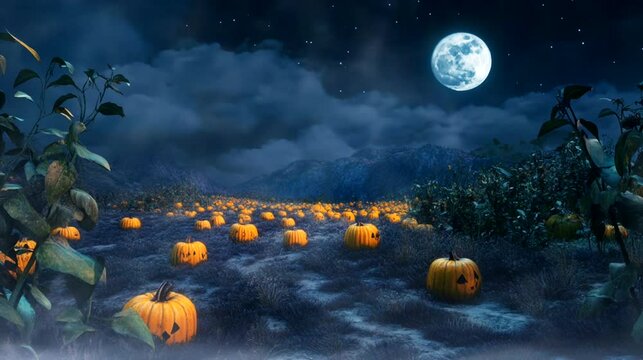 A glowing pumpkin patch under the Halloween moon. Seamless looping time-lapse virtual 4k video animation background