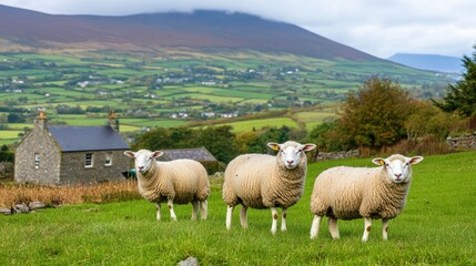 Obraz premium Sheep Grazing in Lush Green Pasture Landscape