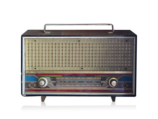front view ancient brown and black wooden radio on white background, object, decor, fashion, copy space