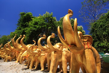 Golden elephant statue on Kho Hong Mountain for worship Thao Maha prom (Shrine of Lord Brahma the...
