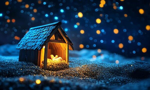 Nativity scene. Christian Christmas concept. Birth of Jesus Christ. Wooden manger in dark blue night. Banner, copy space. Jesus is reason for season. Salvation, Messiah, Emmanuel, God with us, hope