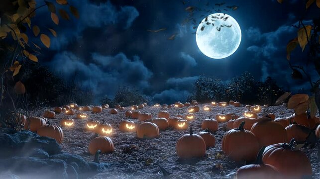 A glowing pumpkin patch under the Halloween moon. Seamless looping time-lapse virtual 4k video animation background