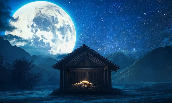 Nativity scene. Christian Christmas concept. Birth of Jesus Christ. Wooden manger in dark blue night. Banner, copy space. Jesus is reason for season. Salvation, Messiah, Emmanuel, God with us, hope