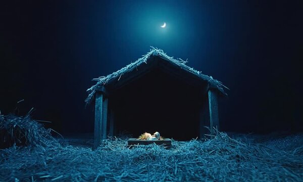 Nativity scene. Christian Christmas concept. Birth of Jesus Christ. Wooden manger in dark blue night. Banner, copy space. Jesus is reason for season. Salvation, Messiah, Emmanuel, God with us, hope