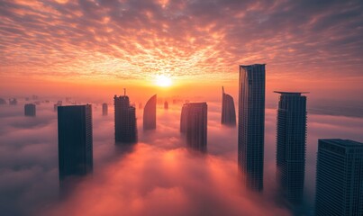Fototapeta premium Cityscape with skyscrapers emerging from clouds at sunrise