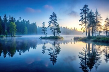 Obraz premium misty forest pond at dusk with a few trees surrounding the water's edge, reflected light, calm surface, natural beauty