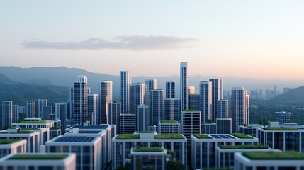 A futuristic cityscape showcases modern skyscrapers and green rooftops, blending urban design with nature in a serene landscape.