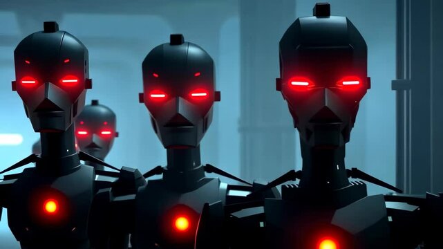 Futuristic Robot Army With Red Glowing Eyes In Dark Corridor, Sci-Fi Technology, Artificial Intelligence Imagery For Posters, Book Covers, And Concept Art