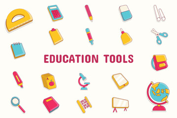 Education Tools Lineal Color Vector Illustration Icon Sticker Set Design Materials