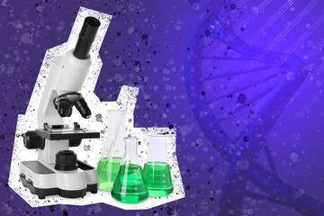 Collage with microscope and laboratory glassware. Color background with illustration of DNA