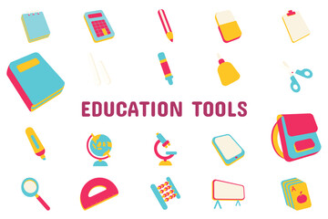 Education Tools Flat  Vector Illustration Icon Sticker Set Design Materials
