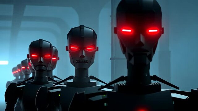 Futuristic Robot Army With Red Glowing Eyes In Dark Corridor, Sci-Fi Technology, Artificial Intelligence Imagery For Posters, Book Covers, And Concept Art
