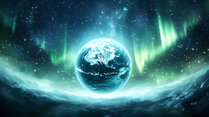 Obraz premium Globe with Northern Lights and Stars