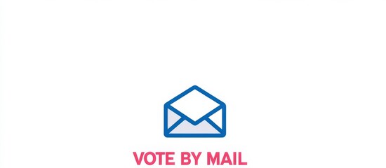 Geometric style logo design featuring the text "VOTE BY MAIL" in red and blue letters on a white background, with a clean, simple envelope icon next to the text.