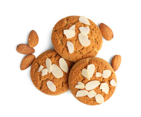 Tasty cookies with almonds isolated on white, top view