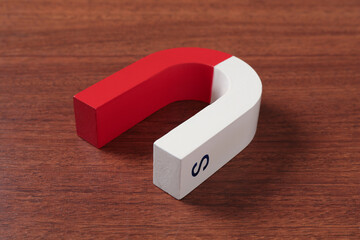 One color horseshoe magnet on wooden table