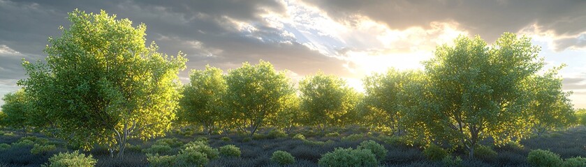 Naklejka premium Lush Green Trees In A Meadow At Sunset With Cloudy Sky
