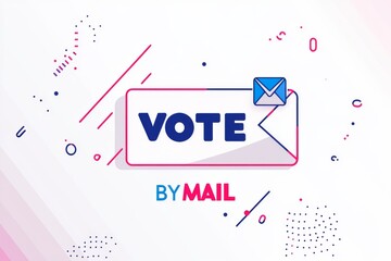 Geometric style logo design featuring the text "VOTE BY MAIL" in red and blue letters on a white background, with a clean, simple envelope icon next to the text.