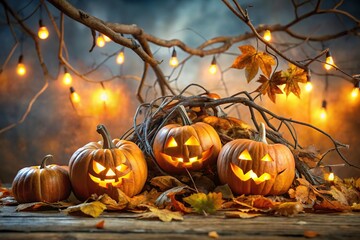 Fototapeta premium Piles of dead leaves and twisted tree branches with a few glowing jack-o-lanterns in the background, Halloween decor, creepy trees