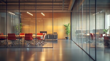 Office space with a glass wall partition. architecture conference rooms. Ultra realistic. Photorealistic hypermaximalist advertising photography hyper realistic fine detail