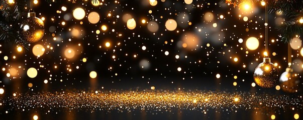 Naklejka premium Festive Christmas Background with Gold Ornaments and Sparkling Lights