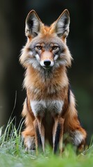 Fototapeta premium A close-up of a majestic fox sitting in a lush green environment, showcasing its striking fur and keen eyes.