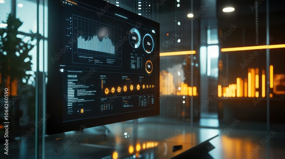 Poster Business dashboard displaying analytics and metrics for evaluation, set in a modern office with digital icons.
