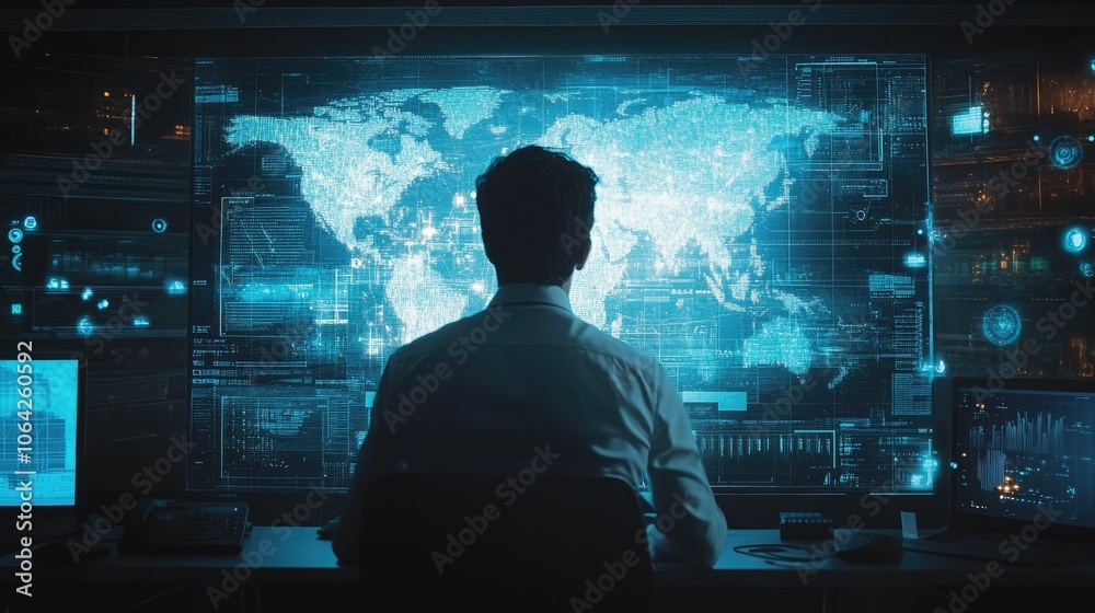 Poster business professional assessing digital analytics, internet network overlay visuals for performance 