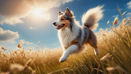 AI-generated image of a cute Shetland sheepdog puppy running in a golden field