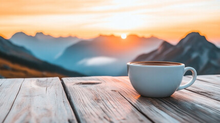 A white coffee cup sits on a wooden table in front of a beautiful mountain range. The sun is setting, casting a warm glow over the scene. Concept of tranquility and relaxation