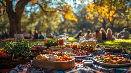 Abundant Picnic Spread with Friends in Sunny Park Setting