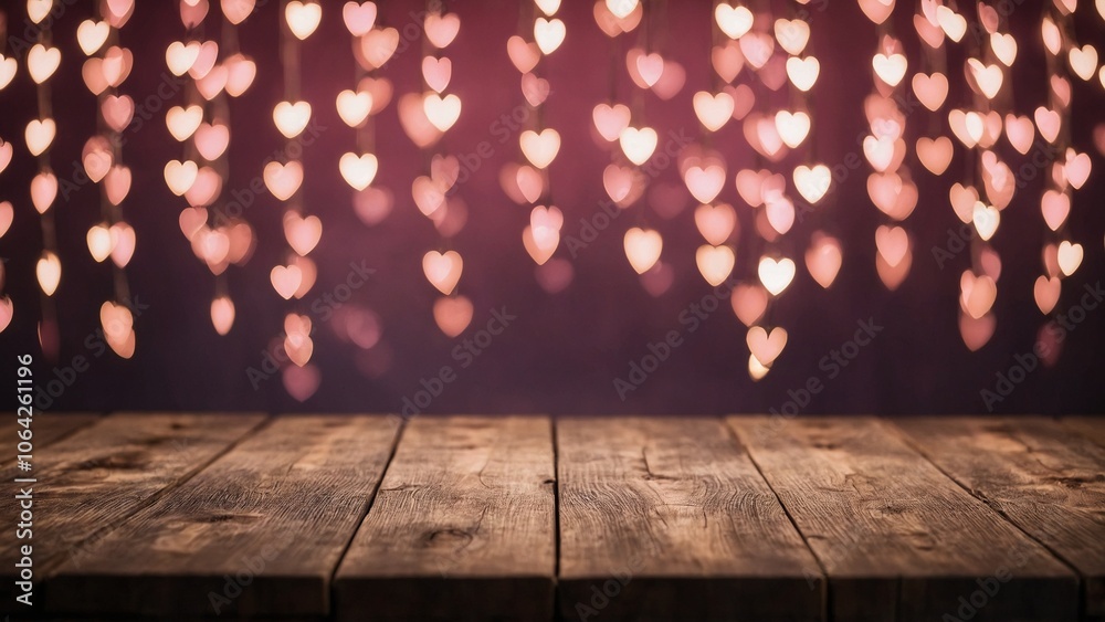 Wall mural rustic plank wood board table surface with pink heart shape strings of bokeh lights mockup backgroun