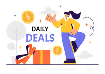 Daily Deals Vector Illustration Showcasing Various Shopping Items with Increasing Discounts to Ideal for Promotions, Sales, and E-Commerce Background