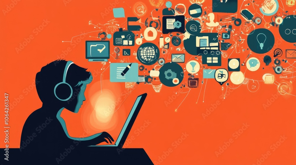 Poster digital illustration of online learning, showing a student attending a webinar with education tech i