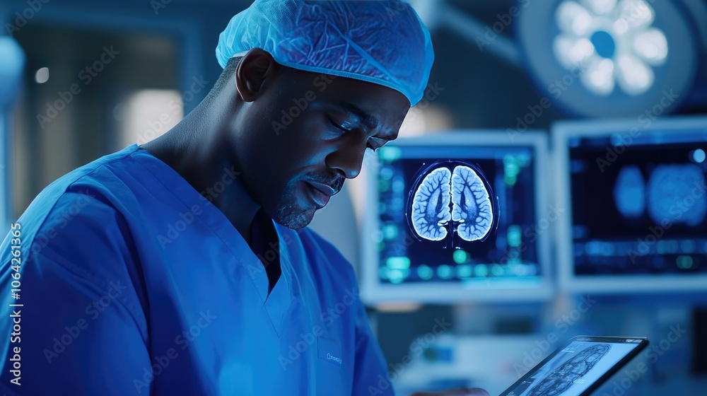 Poster doctor in blue scrubs focused on a digital brain image on a tablet, analyzing neural pathways and me